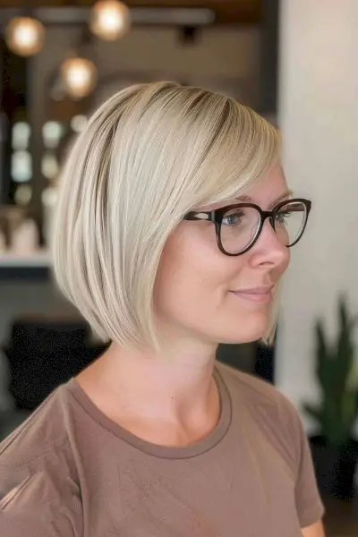 Chin-length blunt bob haircut with semi-short bangs for straight fine hair