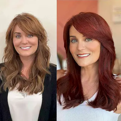 Swept Fringe on Longer Red Hair for Square Faces