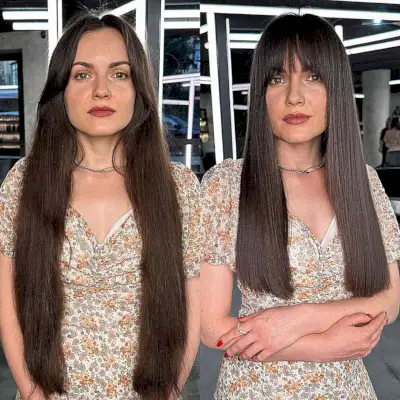 Face-Framing Fringe on Sleek Long Hair for Square Faces