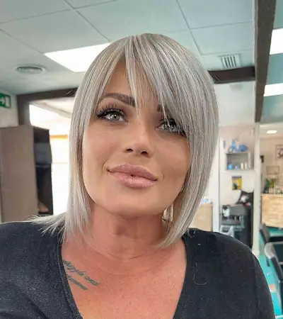 Wispy Side Bangs on a Platinum Bob for Square Faces