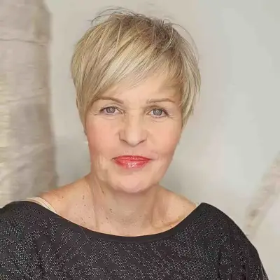 Perfectly Swept Bangs on a short bob cut for women with thin hair