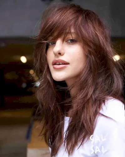 Dark Auburn Mid-Length Shag with Sweeping Bangs