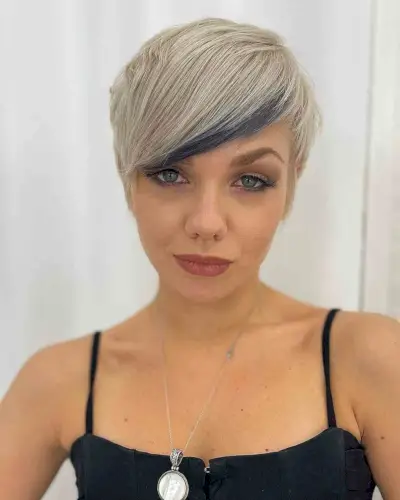 White Blonde Pixie with Side-Swept Peekaboo Bangs 