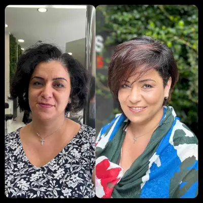 Very Dark Pixie Bob with Red Highlights and Side-Swept Bangs