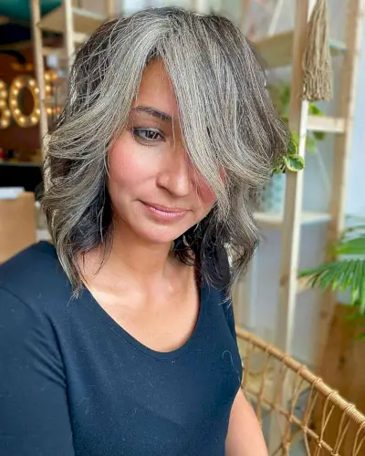 long side swept fringe on shoulder length hair