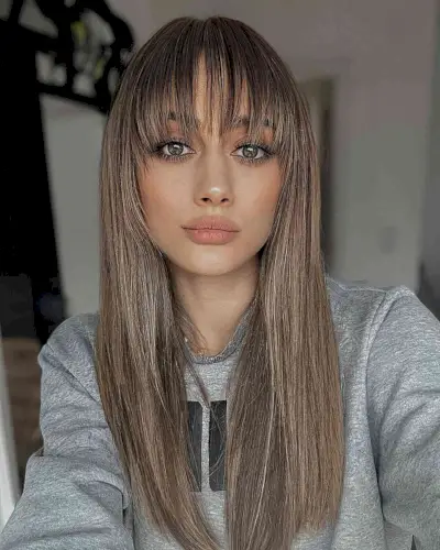 Mid-Long Straight Hair with Eye-Length waterfall Fringe
