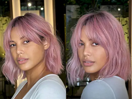 Edgy Pink Lob with Middle Part waterfall Bangs