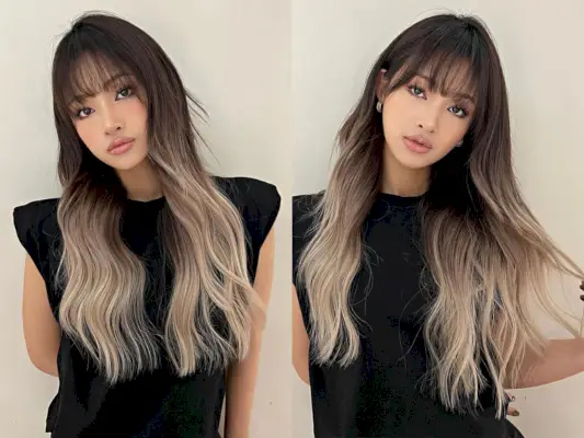 Waterfall Wispy Bangs on Long Brown Ombre Hair