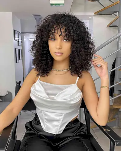 Medium Round-Layered Curly Cut with Waterfall Bangs