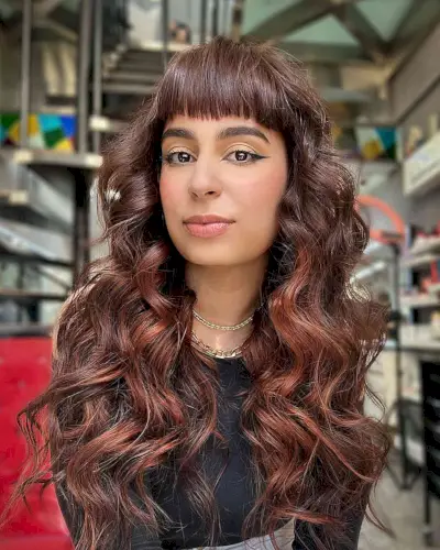 Long Chocolate Balayage with Fringe for women with wavy hair
