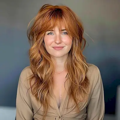 copper long shag with heavy fringe for thick hair