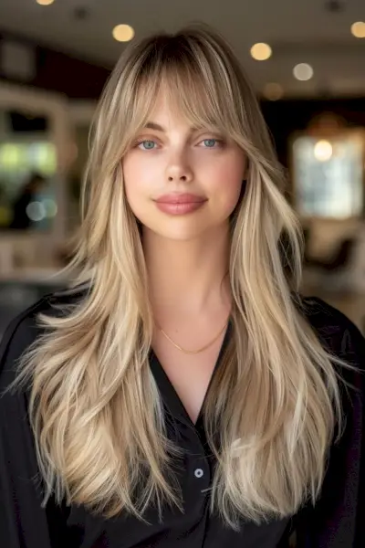 Long Blonde Balayage with Curled Ends and Fringe
