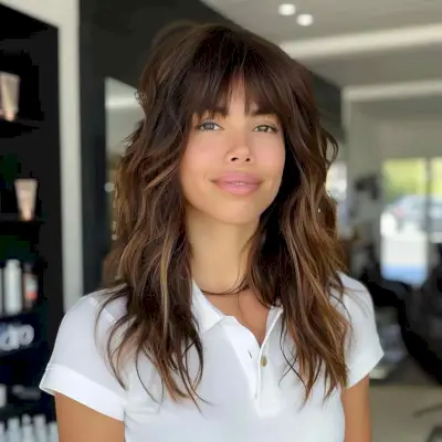 Layered long hairstyle with full fringe