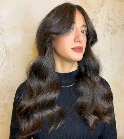 Long Soft Waves and Curtain Bangs
