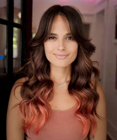 Long Wavy Hair with Curtain Bangs and Pink Tips