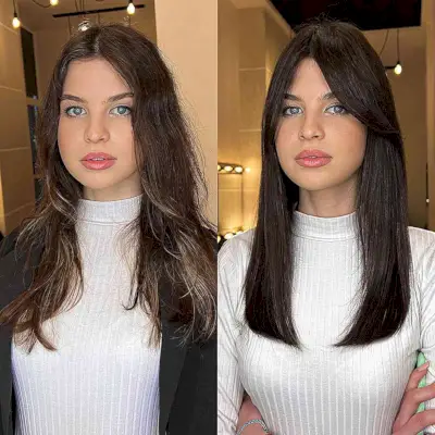 Gorgeous Curtain Fringe on Long Sleek Straight Hair for girls in their 20s