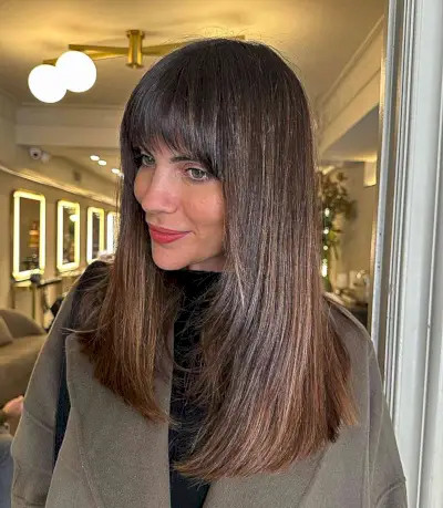Chestnut Brown Straight Hair with Arched Bangs for ladies with medium to long hair