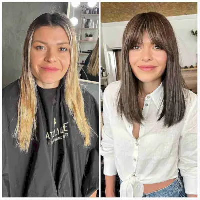 Curtain Bangs on Straight Mid-Length Brunette Hair 