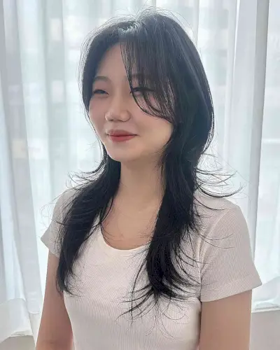 Chest-Length Straight Hush Cut with Long Swoop Bangs