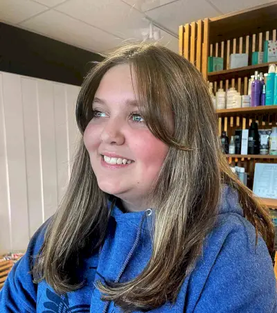 Long Swoopy Bangs on Medium-Cut Dark Blonde Hair and Women with Chubby Cheeks