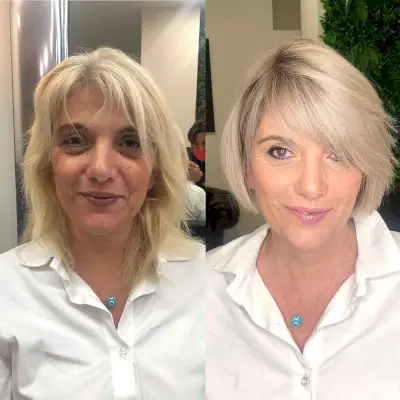 soft blonde bob with side bangs for older women