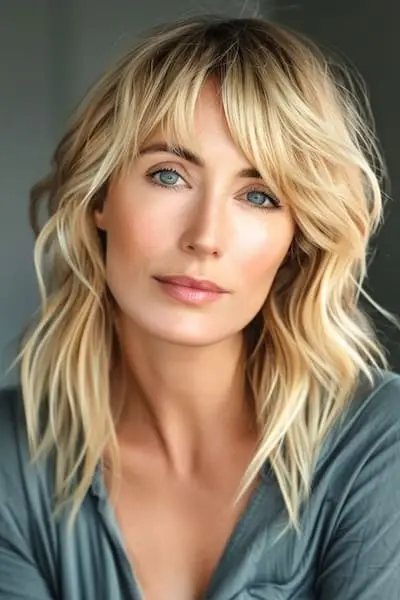 Layered Waves mellemlang frisure med pandehår.