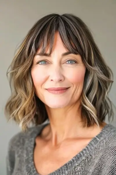 Piecey Lob mellemlang frisure med pandehår.