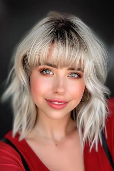 Afrundet pandehår med mørke rødder Mellemlang frisure med pandehår.