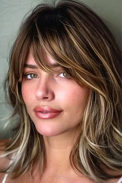 Piecey Highlights med Side-Swept Bangs Mellemlang frisure med pandehår.