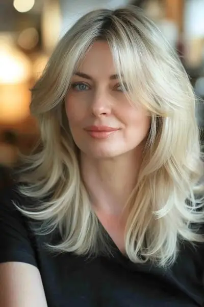 Lægges i lag med gardin pandehår mellemlang frisure med pandehår.