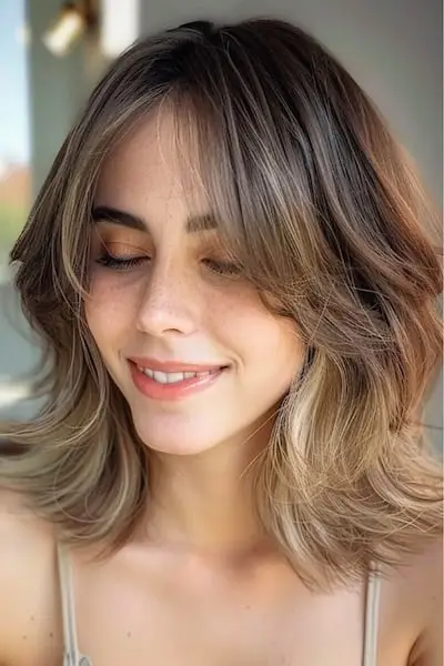 Skulderlang Ombre med gardin pandehår Mellemlang frisure med pandehår.