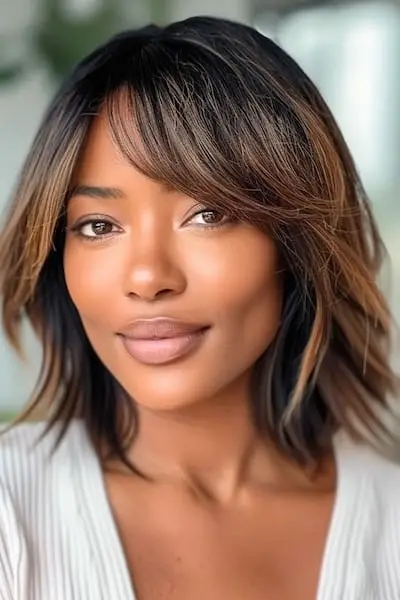 Stykkede lag med pandehår, mellemlang frisure med pandehår.