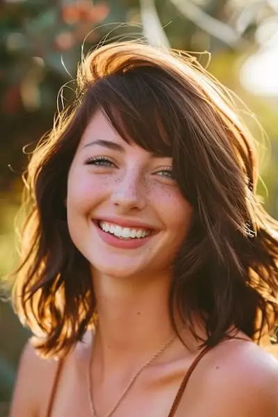 Lag med sidedel mellemlang frisure med pandehår.