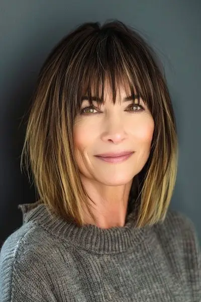 Blunt Bob mellemlang frisure med pandehår.