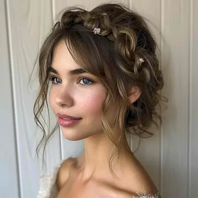 Elegant Updo with Side-Swept Wispy Bangs
