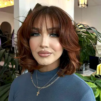 Dark Crimson Bob with Wispy Fringe for ladies with shoulder-length straight hair