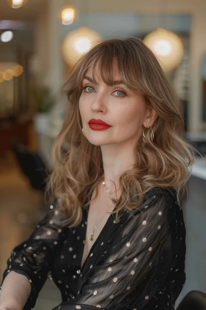 Părul zdrobit până la umeri, cu breton transparent, pe o femeie cu păr mediu spre gros.' title=