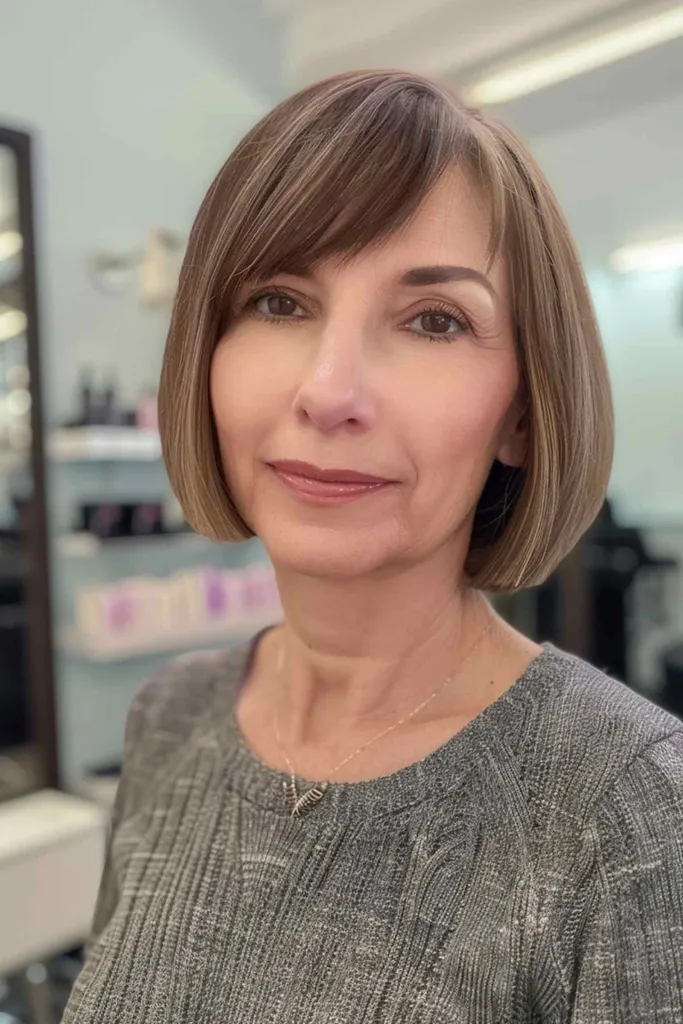 Bob clasic până la bărbie, cu breton măturat lateral, pe o femeie cu păr fin spre mediu.' title=