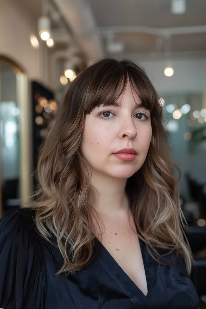 Păr lung ondulat cu breton moale de perdea pe o femeie cu o față în formă de inimă.' title=