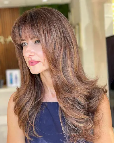 Light Brown Long Hair with Thin Wispy Bangs and Flipped Ends