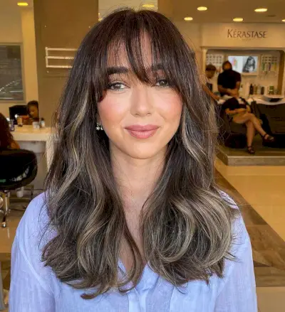 Wispy Bangs and Brunette Balayage on Long Hair