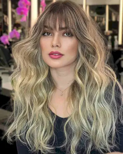 Long Blonde Balayage with Wispy See-Through Fringe