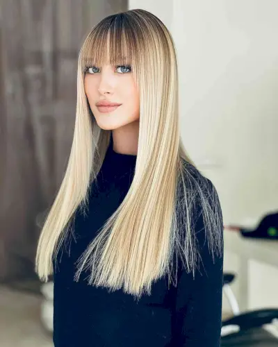 Stunning Sleek Long Blonde Hair with Choppy Bangs