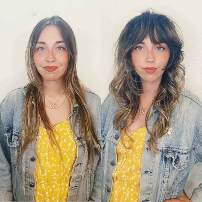 Shaggy Wolf Cut with Bangs and Blonde Balayage