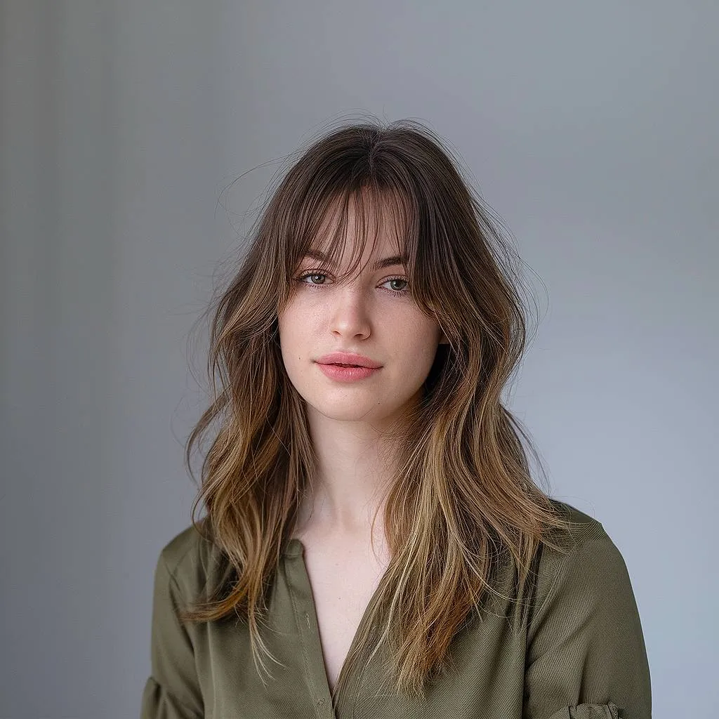 שיער גלי אפר-בלונדיני באורך בינוני עם פוני מעורפל אוורירי ומרקם טבעי למראה רך ללא מאמץ' title=