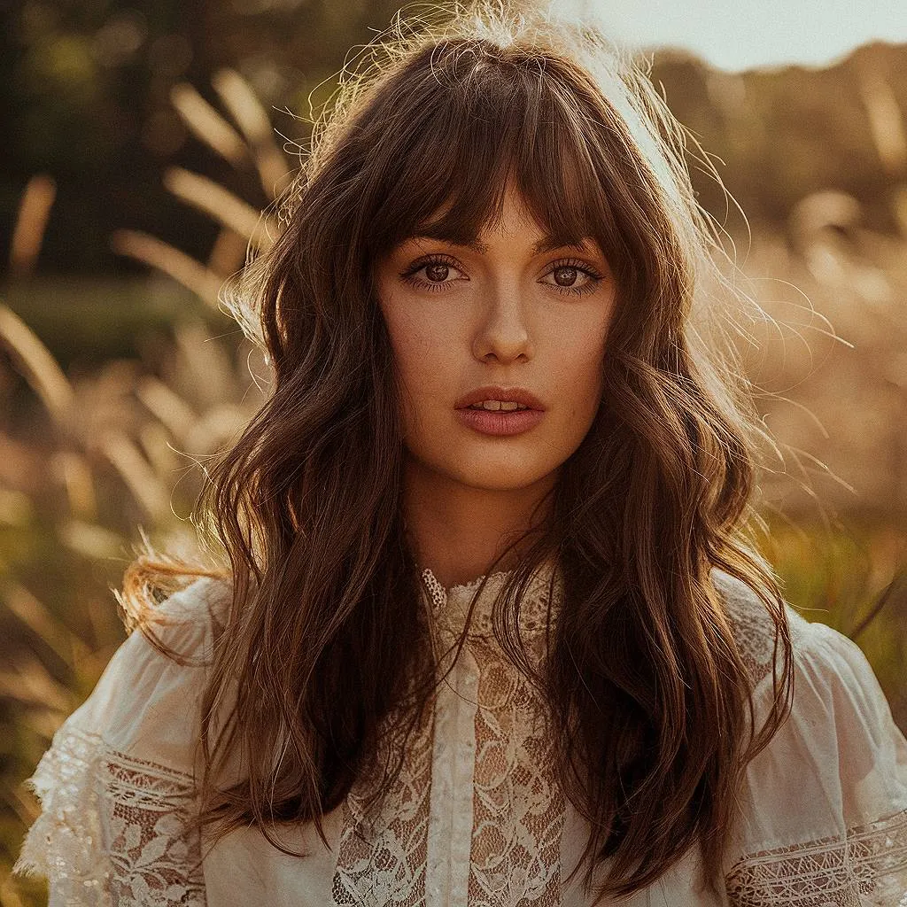 שיער חום כהה גלי בינוני עם פוני נוצות בהיר המשתלבים לשכבות רכות למראה בוהמייני טבעי' title=