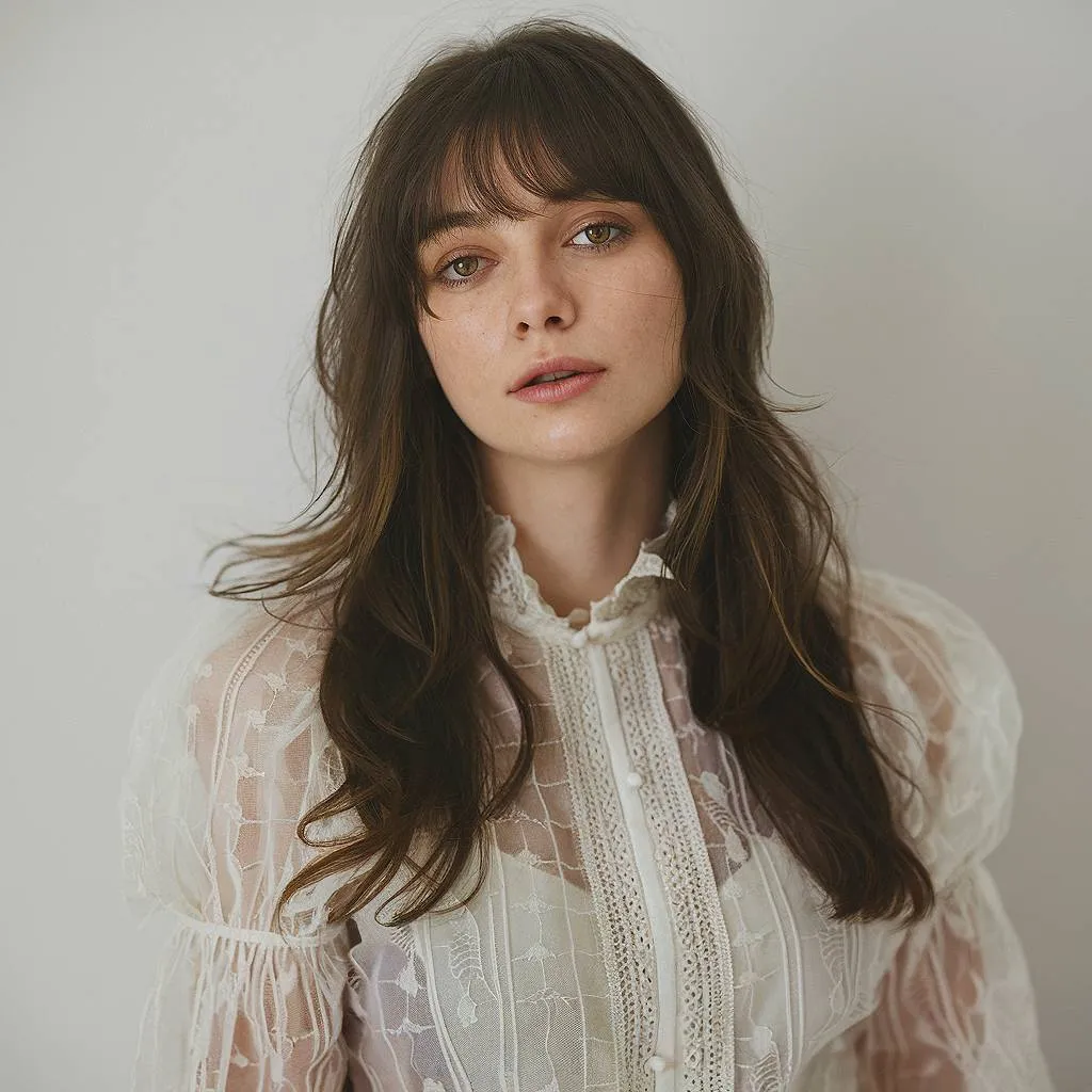 שיער חום כהה ארוך עם פוני מתנפנפים ושכבות רכות לגימור רומנטי קל משקל' title=