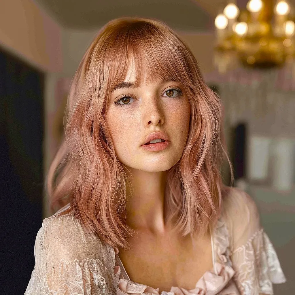 שיער גלי עד כתפיים ורד זהב עם פוני רך אוורירי הממסגר את הפנים ומוסיף חום ומרקם' title=