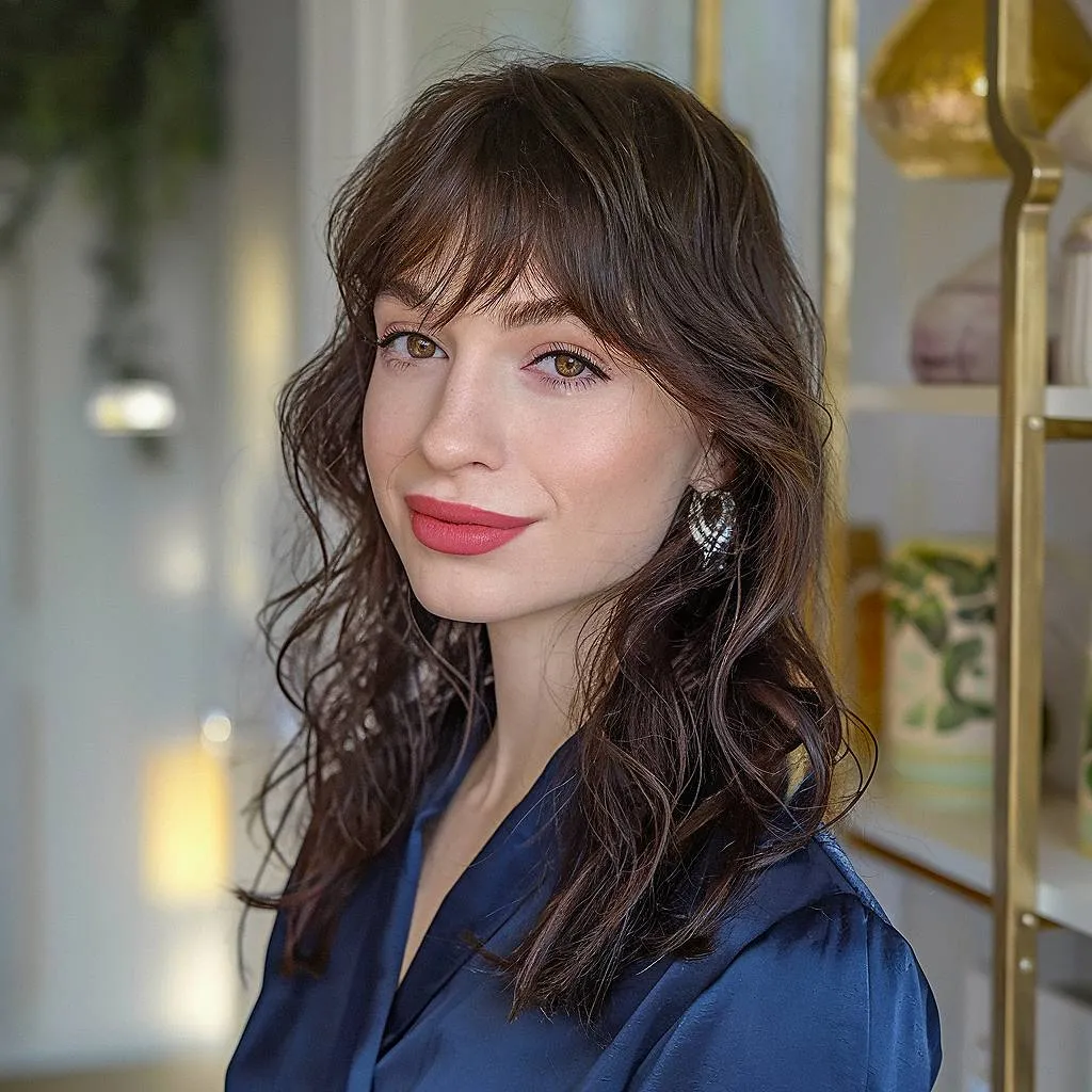 שיער ברונטית גלי באורך בינוני עם פוני דק עדין לגימור רומנטי וקל משקל' title=