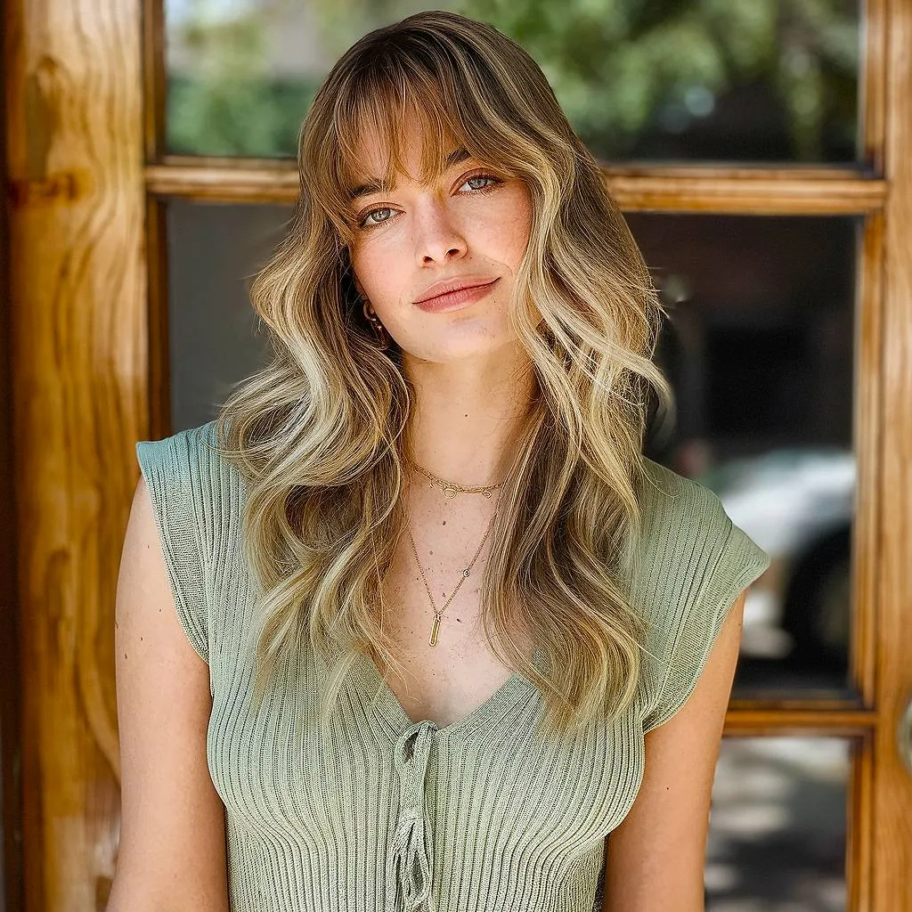 שיער באליאז' ארוך וגלי עם פוני רך שמשתלבים בצורה חלקה לשכבות זורמות רכות' title=